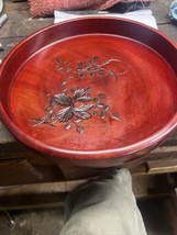 Vintage Japanese Lacquered Wooden Tray with carved Flower. Beautiful! - £27.32 GBP