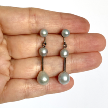 Gray Pearls Sterling Silver Square Bars Vintage Dangle Pierced Earrings 1.5in - £39.92 GBP