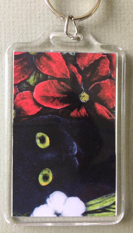 Primary image for Large Cat Art Keychain - Black Cat with Red and White Flowers