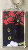 Large Cat Art Keychain - Black Cat with Red and White Flowers - £6.24 GBP