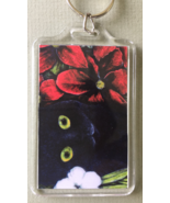 Large Cat Art Keychain - Black Cat with Red and White Flowers - £6.32 GBP