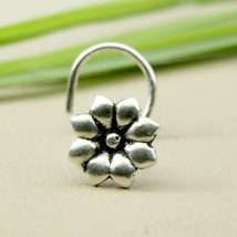 Ethnic Flower Sterling Silver nose stud Oxidized Corkscrew nose ring L bend 22g - £11.76 GBP