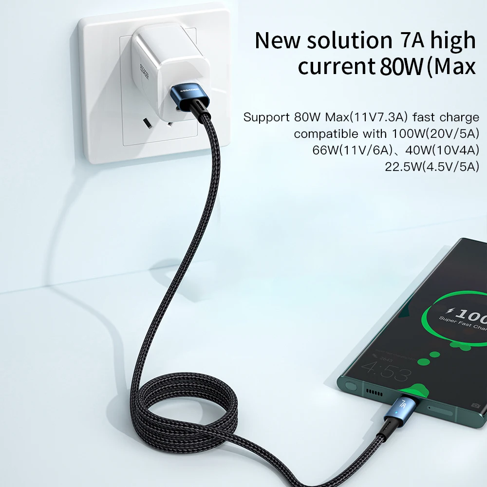 Sporting Essager 7A PD100W USB Type C Cable Super Fast Charging Mobile Phone Dat - £18.44 GBP