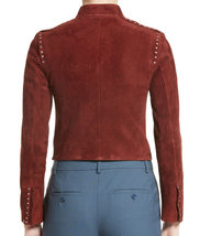 Maroon Color Women Genuine Suede Leather Jacket, Silver Studded Front Zi... - $143.99