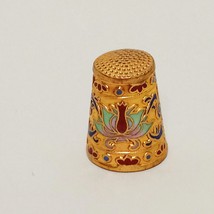Vintage Water Lily Flower Cloisonné Thimble Gold Tone Enamel Inlay - £15.84 GBP