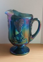 Indiana Glass Pitcher w Harvest 10&quot; Glass Iridescent Grape Blue Carnival  64OZ - £34.37 GBP
