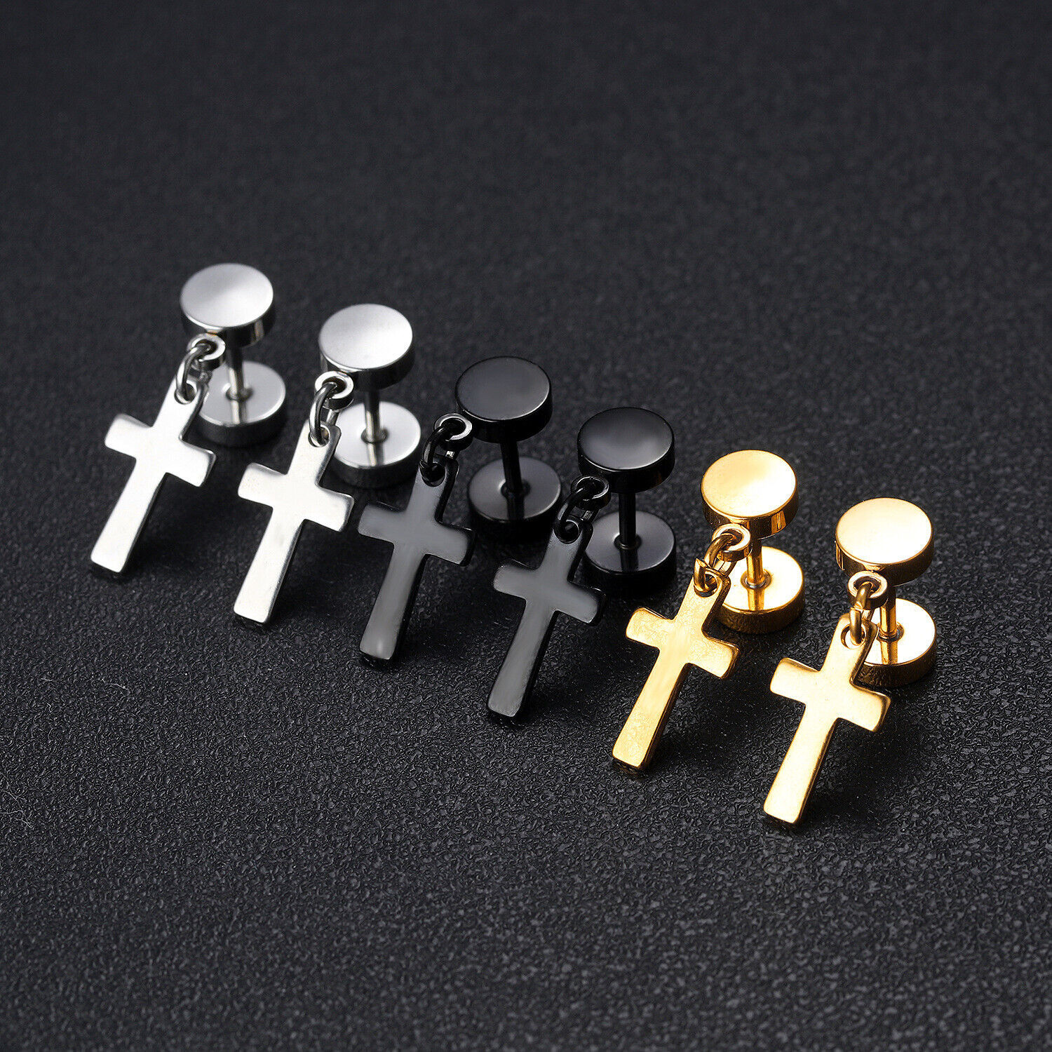 Pair Men&#39;s Women&#39;s Punk Hip Top Stainless Steel Cross Drop Dangle Studs ... - $6.92+