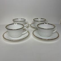 4 Vintage Fire King Milk Glass Cup Teacup Saucer White Swirl Gold Rim Ov... - $14.00
