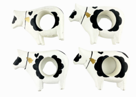 Cow Napkin Rings 4 Wooden Hand Painted Hand Crafted Black White - $19.26