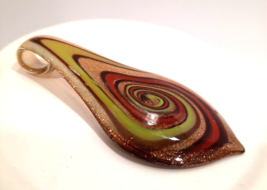 Art Glass Pendant Gold Red Green Swirl Glass Dichroic Copper 2.5&quot; Glass Bale - £10.48 GBP