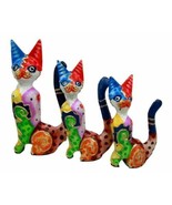 Balinese Wood Handicrafts Tropical Colors Feline Cat Family Set of 3 Fig... - $36.99 CAD