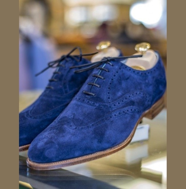 Customized Men Oxford Blue Wing Tip Brogue Toe Matching Sole Suede Leather Shoes