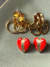 Vintage Lot of Hammered Goldtone w Two Open Dangle Rings &amp; Red Enamel Heart Post - £8.87 GBP
