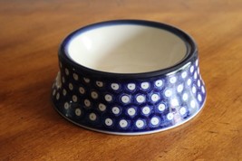 Polish Pottery Pet Bowl Blue Polka Dots Pattern Dog Cat Dish Poland 2.25&quot;x 7&quot;(B) - £20.10 GBP