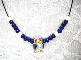 3D Hoot Owl Ceramic Pendant Cobalt Blue Wings With Beaded Accents Adj Necklace - £9.61 GBP