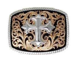 Challenger 2" Western Two-Tone Cross Floral Engraved Belt Buckle 2812 - $19.79