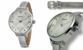 NEW Eberle 9896 Women&#39;s Minnette Slim Silver Leather Strap Quilted Dial Watch - £22.03 GBP
