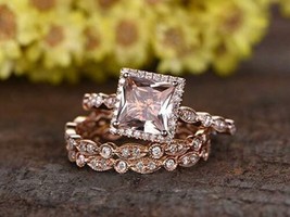 3CT Princess Cut Morganite &amp; Zircon Halo Engagement Ring Set 14K Rose Gold Over - £93.76 GBP