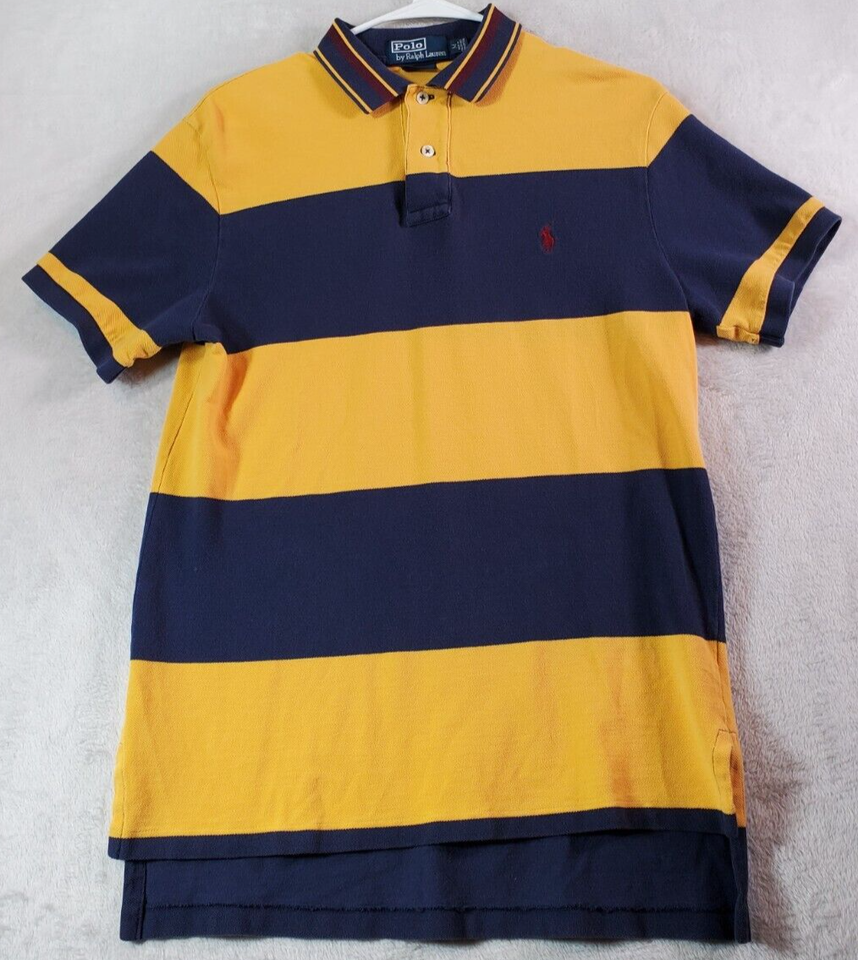 Primary image for Polo by Ralph Lauren Polo Shirt Mens Medium Yellow Navy Short Sleeve Logo Collar