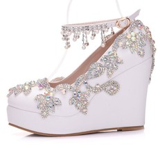 New Fashion Rhinestone Wedges Pumps Shoes Women Sweet Luxury Platform Wedding Hi - £84.06 GBP