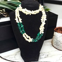 Vintage Chipped Malachite &amp; Mother of Pearl Double Strand Necklace 30in ... - £36.76 GBP