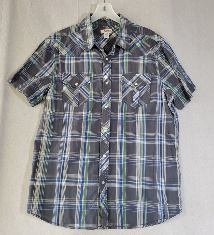 Primary image for Route 66 Mens Large Gray Green Blue Plaid Short Sleeve Western Pearl Snap Shirt