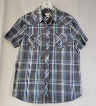 Route 66 Mens Large Gray Green Blue Plaid Short Sleeve Western Pearl Snap Shirt - £11.27 GBP