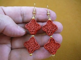 EE-400-38 RED CINNABAR 18x18mm bead flower wooden bead dangle hook earrings gold - £11.01 GBP