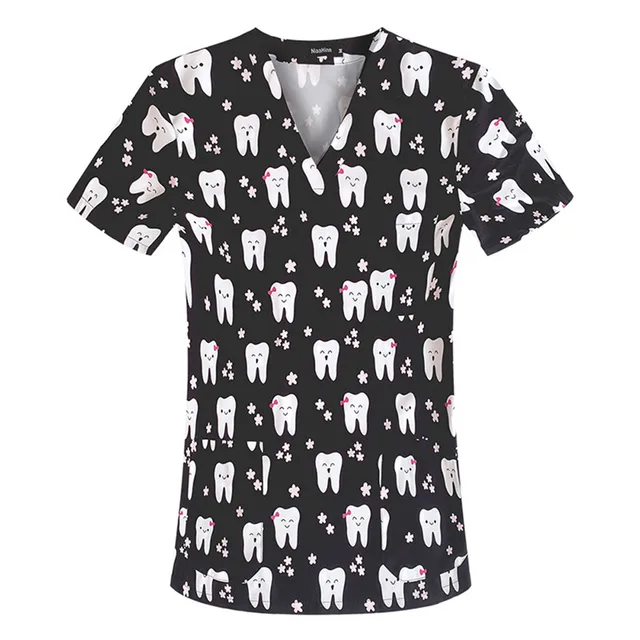 Fashion Print Dentist Nurse Uniform Scrub Tops with Pockets S Black Unit... - $24.99