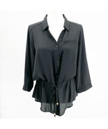 The Limited Black Semi-Sheer Blouse V-Neck Button-Up Belted Gold Accents... - $24.19