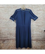 Vintage 70s 80s Womans Dress Size 14 Navy Blue Sailor Pleated Short Slee... - $19.14