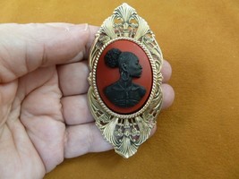 (CA20-77) RARE African American LADY black burgundy CAMEO oval brass Pin Pendant - £28.48 GBP