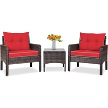3-Piece Brown PE Rattan Outdoor Dining Patio Furniture Set with Red Cush... - $6,863.00 MXN