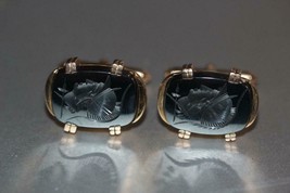 Vintage 14K Yellow Gold Carved Hematite Roman Soldier Intaglio Cufflinks 13.1Gr - £623.07 GBP