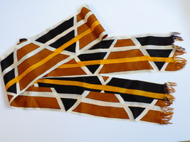 VTG Retro Double sided with fringe Brown White Yellow Abstract pattern s... - £10.19 GBP