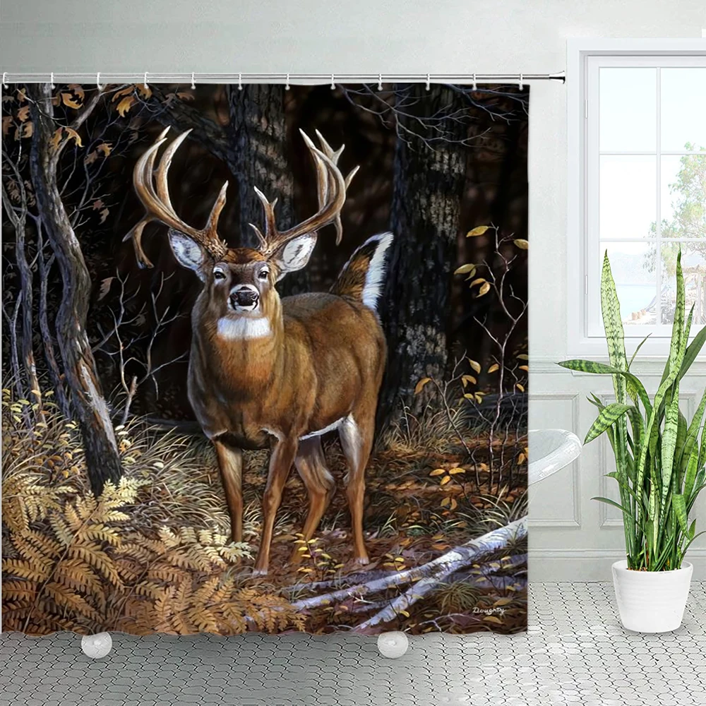 House Home Wild Animals Elk Shower Curtains Winter Forest Cedar Deer Nat... - £25.17 GBP