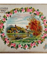 Happy Birthday Greeting Postcard 1910s Pink Flowers Wreath Embossed PCBG3D - €17,15 EUR