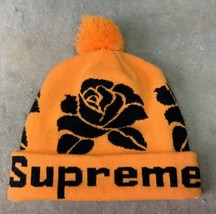 SUPREME Hat Rose Beanie Cuffed Rare Yellow &amp; Black Winter Pom One Size Spellout - $113.85