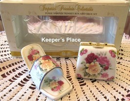 Imperial Porcelain Purse Trinket Box And Shoe Set Roses By Classic Treas... - $21.00