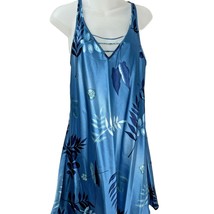 Secret Treasures Oily Satin Chemise Dress Woman M Blue Large Fern Leaf Vintage - £13.39 GBP