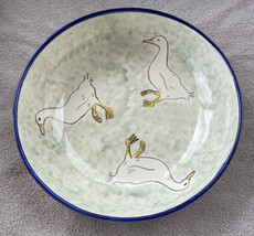 Hand Painted Pottery Art Large Serving Bowl Blue Rim Ducks Spongeware Si... - $26.99