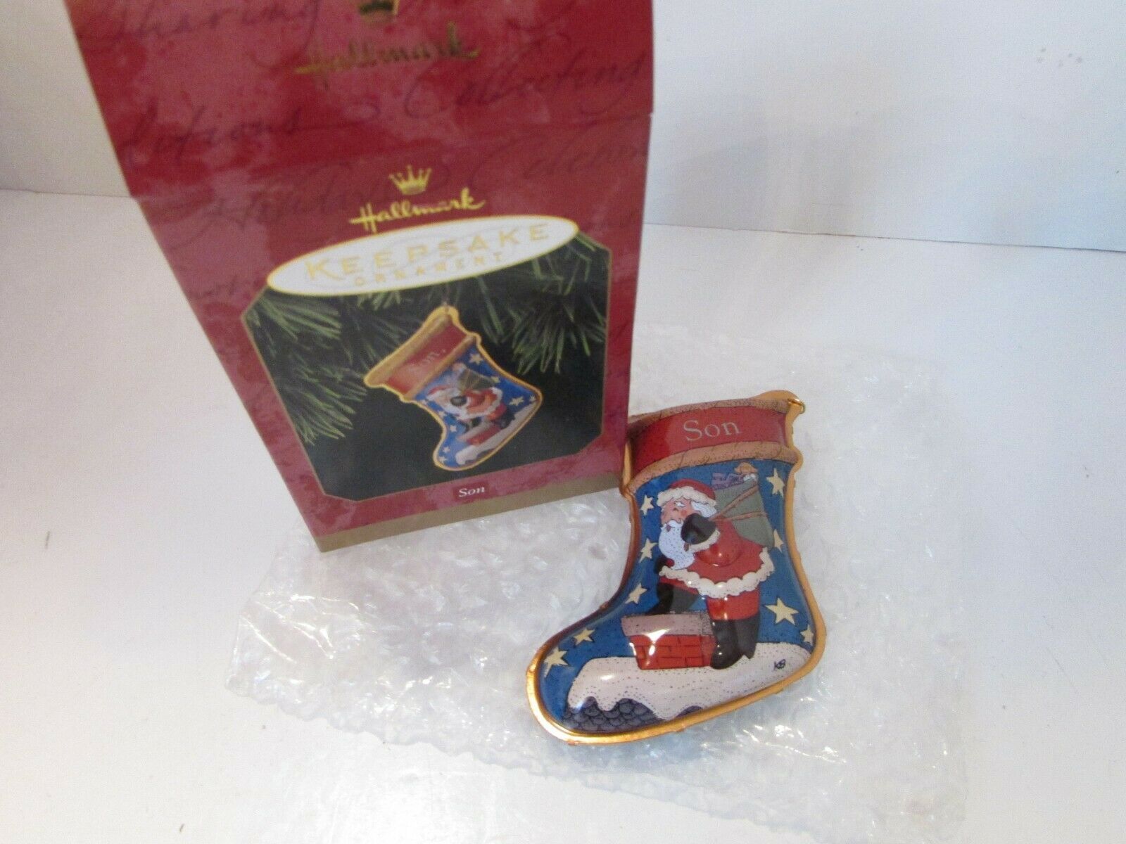 HALLMARK ORNAMENT PRESSED TIN STOCKING 1997 &quot;SON&quot; 3.5&quot; MIB - $3.91