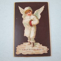 Victorian Christmas Trade Card Angel Wings Snow White Coat Boots Muff An... - £15.94 GBP