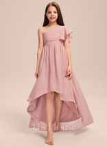 Blush A-line One Shoulder Asymmetrical Chiffon Junior Bridesmaid Dress - £87.11 GBP