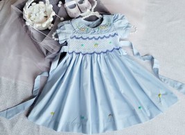 Baby Blue Smocked Embroidered Dress. Toddlers Easter Dress. Flower Girl Dress. - £30.50 GBP