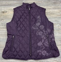 Eddie Bauer Womens Goose Down Vest Quilted Purple Floral Embroidery Size Large - £19.78 GBP
