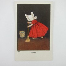 Postcard Sunbonnet Girl Red Dress Sweep Broom Days of Week Friday Antique 1905 - £7.87 GBP