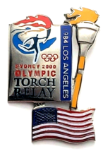 Sydney 2000 Olympic Torch Relay Pin Los Angeles 1984 USA Flag SOCOG VTG ... - $12.99