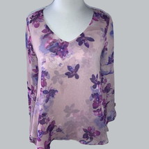 Jennifer Lopez floral vneck sheer quarter bell sleeve purple blouse ladies S - £16.90 GBP