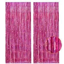 2 Pack 3.2Ft X 8.2Ft Pink Metallic Tinsel Foil Fringe Curtains Backdrop ... - £10.15 GBP